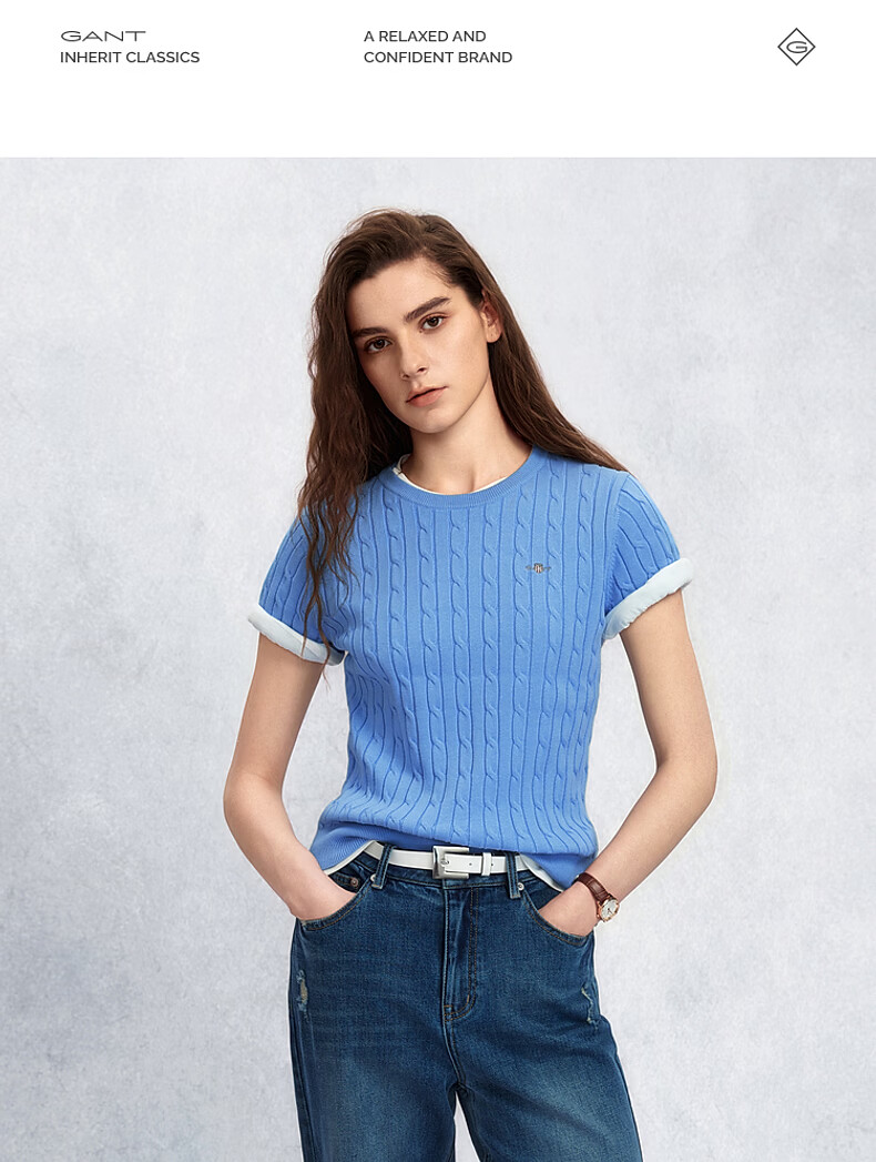 GANT Women's Spring Summer Slim Fit Round Neck Elegant Cable Knit Short Sleeve Sweater 115-White S 7