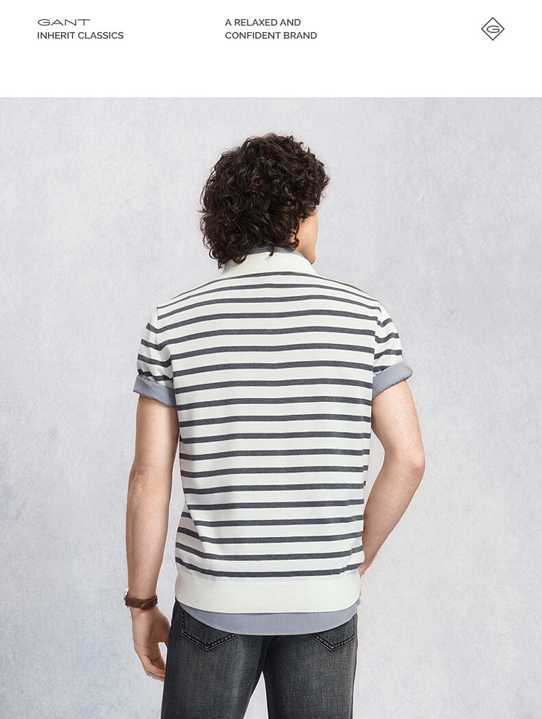 GANT Summer Men's Striped Color-Block Vintage Casual Seagull Collar Knit Polo 109-White Gray M 6