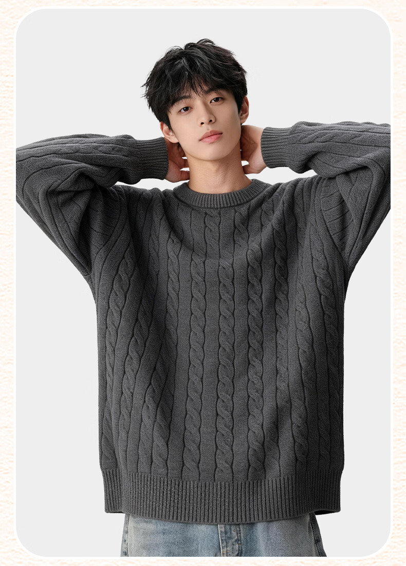 MINISO Men's Round Neck Cable Knit Sweater Autumn Winter Warm Anti-Cold Casual Couple Pullover Black 3XL 19