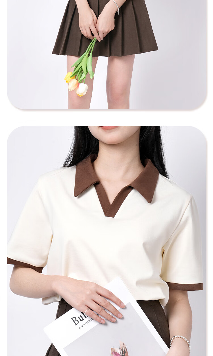 Warrior Summer Contrast Color Cotton Short Sleeve T-Shirt Women 2026 New Loose Fit High-Quality Polo Collar Top 12