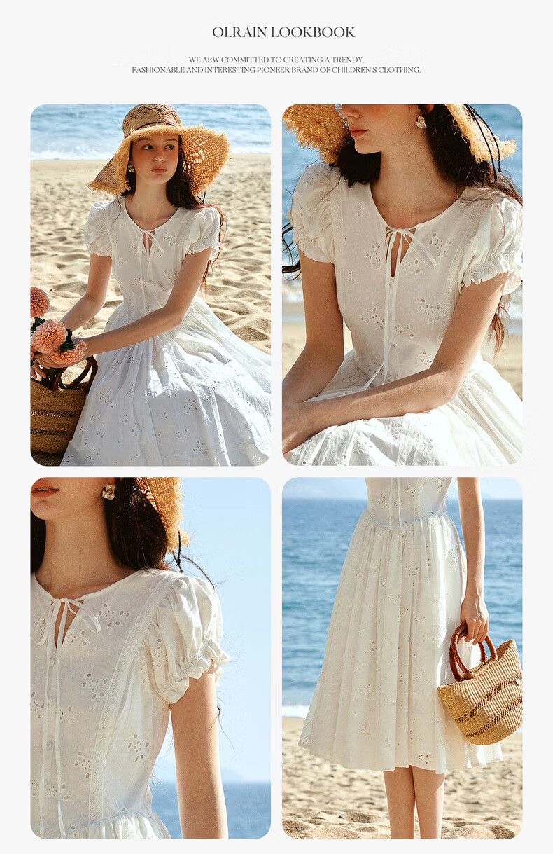 Olrain Eurielle French Embroidered New Summer White Waist-Tied Round Neck Puff Sleeve Dress White XL 12