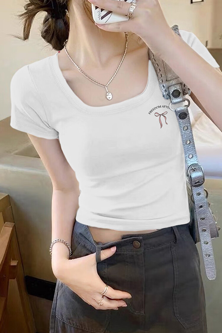 TonLion Tang Lion 2026 Spring Women's Square Neck Slim Fit Short Sleeve T-Shirt White XL 16