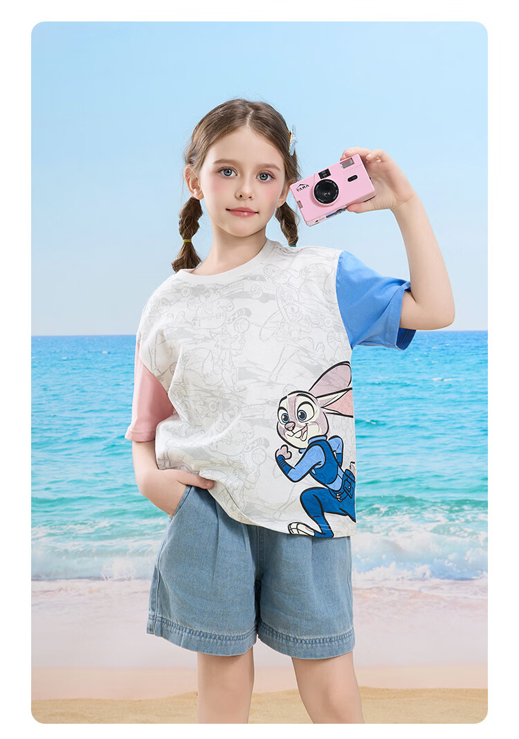 Disney Kids Boys and Girls Short Sleeve T-Shirt 2026 Summer New Parent-Child Matching Children's Basic Off-White Short Sleeve T-Shirt Size 110 45