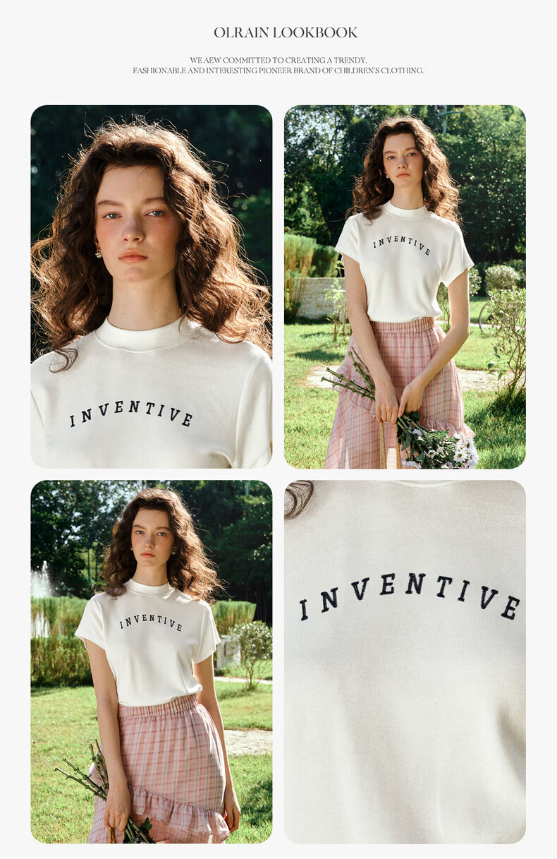 Olrain Oureier Stand Collar Letter Embroidered Short Sleeve T-Shirt Women Summer Casual Slim Fit Top White M 10