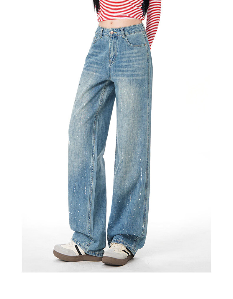 :CHOCOOLATE Women's Vintage American Style Rhinestone Washed Straight Leg Wide Leg Jeans Summer New Retro Blue XS 8