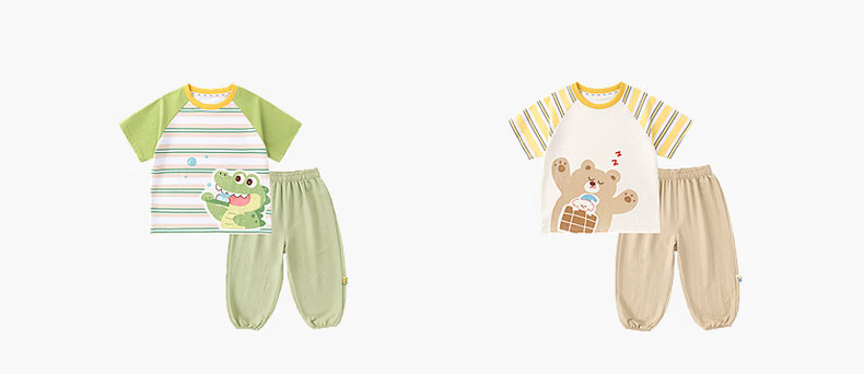 Dudu Kids [7A Antibacterial] Children's Cartoon Summer Set Baby Short Sleeve Long Pants Boys and Girls Two-Piece Summer Outfit Yellow 100 8