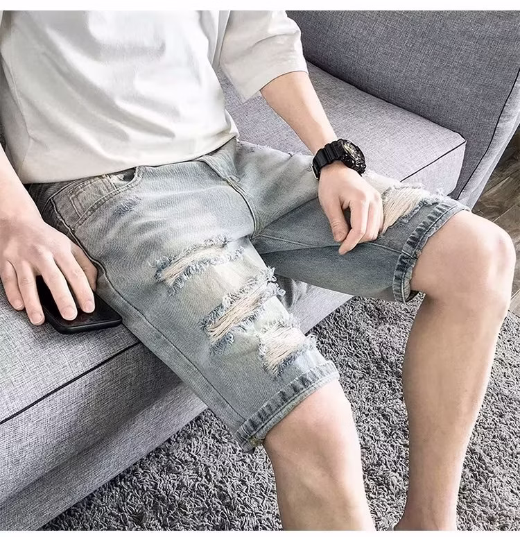 Ripped Denim Shorts Men's Summer Thin 2026 New Casual Loose Washed 5 Five-point Pants Straight Breeches, White And Blue 28_viptrois.com
