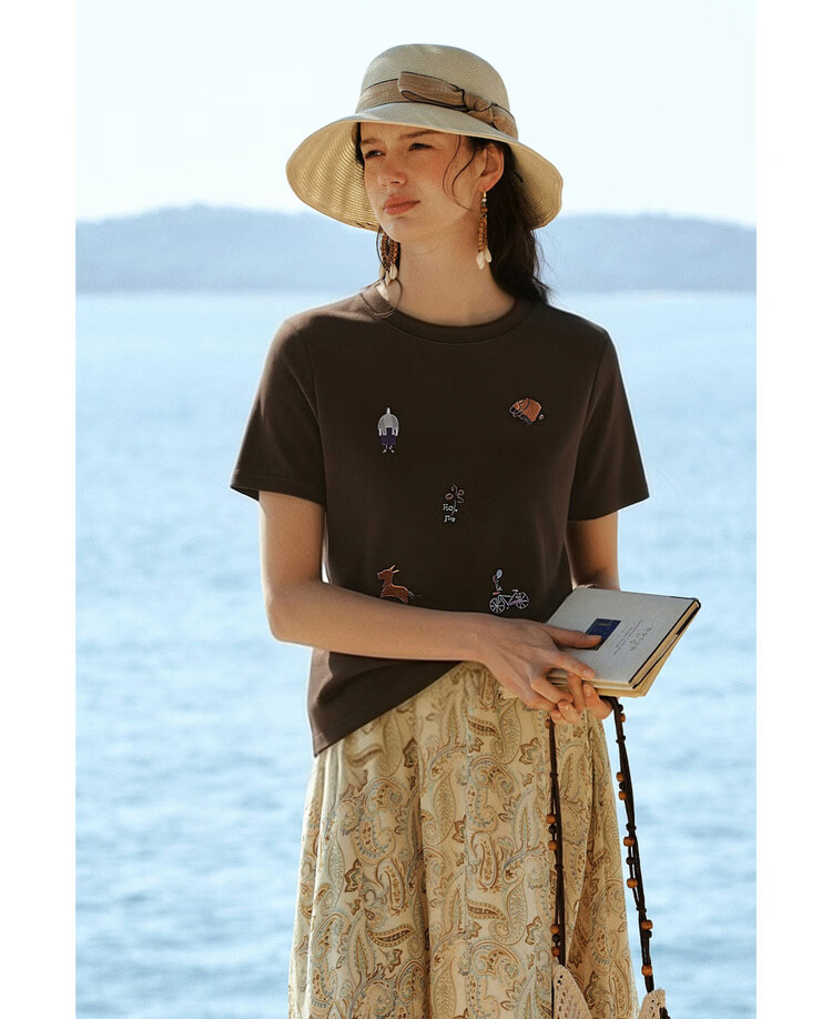 Olrain Classic Embroidered Crew Neck Short Sleeve T-Shirt Women Summer New Commuter Casual Top Brown XL 17