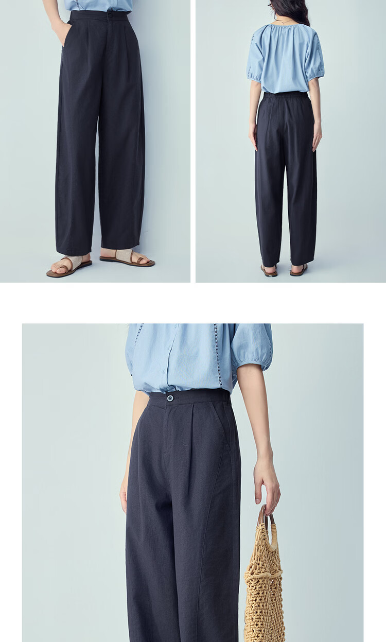 Giordano Women's Linen Pants 2026 Spring Cotton Linen Pleated Semi-Elastic Waist Casual Curved Pants 13416309 14