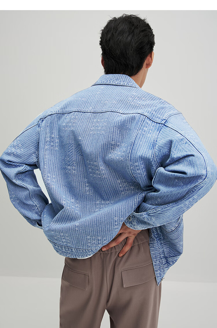 Peacebird Men's Textured Denim Jacquard Autumn Loose Casual Jacket Blue L 6
