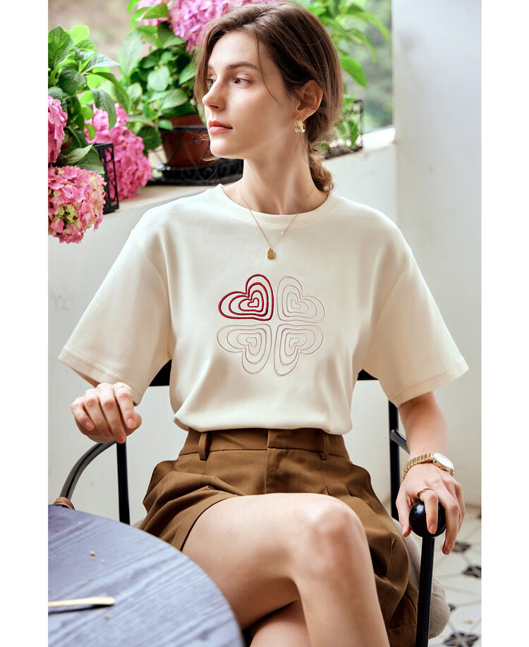 Olrain French Style Short Sleeve T-Shirt Women Summer Heart Embroidery Simple Round Neck Loose Top Apricot L 18