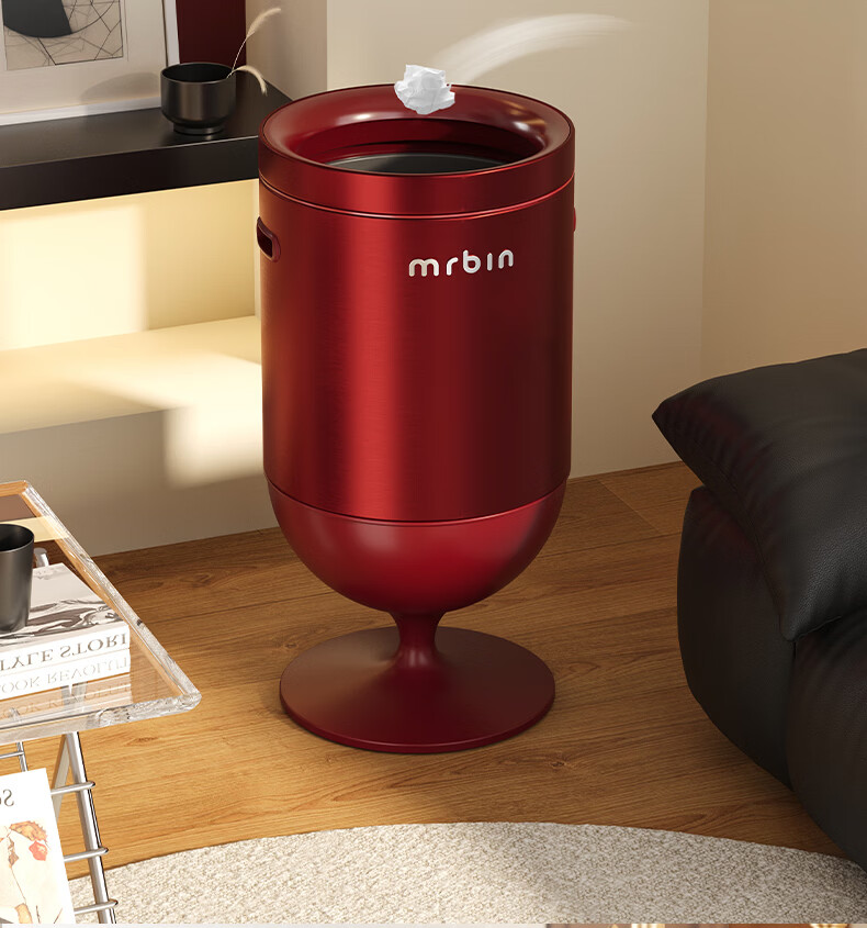 Mr.Bin Living Room Luxury Hands-Free Lidless Trash Can Wine Glass Style Kitchen High Foot High Aesthetic Stainless Steel Italian Luxury Red 20L 13