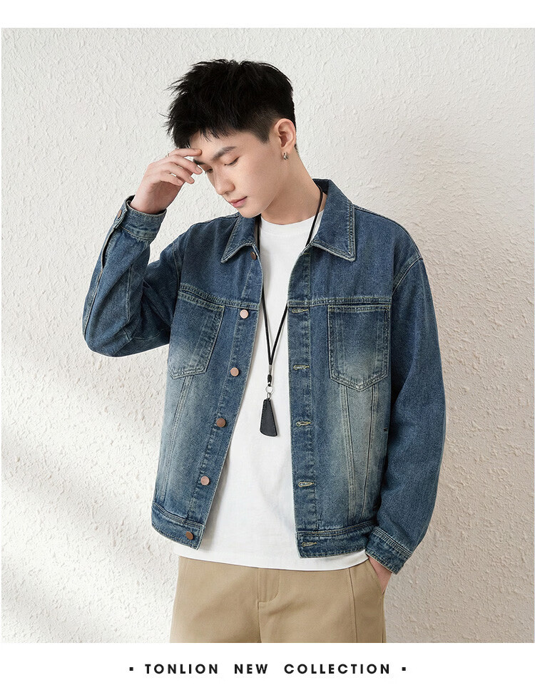 TonLion 2026 Spring New Men's Denim Jacket Basic Simple Fashion Versatile Vintage American Retro Style 4