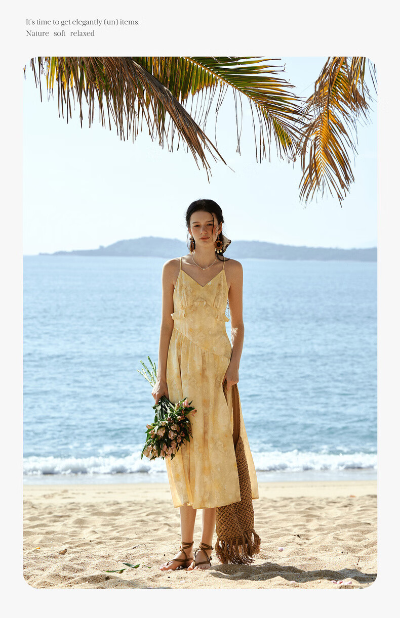Olrain New Summer Yellow French Vacation Style Ruffle Tie-Dye Print Spaghetti Strap Dress Yellow XL 12