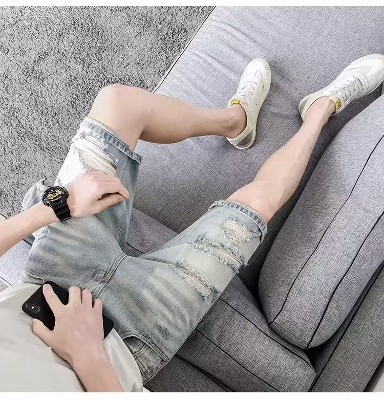 Ripped Denim Shorts Men's Summer Thin 2026 New Casual Loose Washed 5 Five-point Pants Straight Breeches, White And Blue 28_viptrois.com