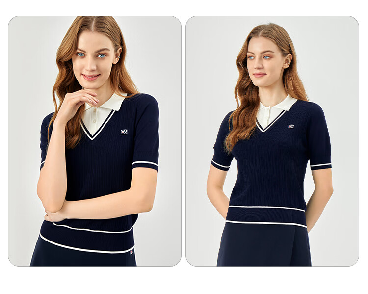 ELLE ACTIVE Women's Fashion Knitwear Casual Summer Striped V-Neck Short Sleeve T-Shirt, False Two-Piece, Blue, Size S 8