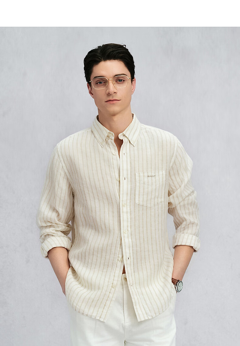 GANT Yuanye Shirt Spring Summer Men's Pure Linen Striped Comfortable Long Sleeve Shirt 276-Coffee Color M 7