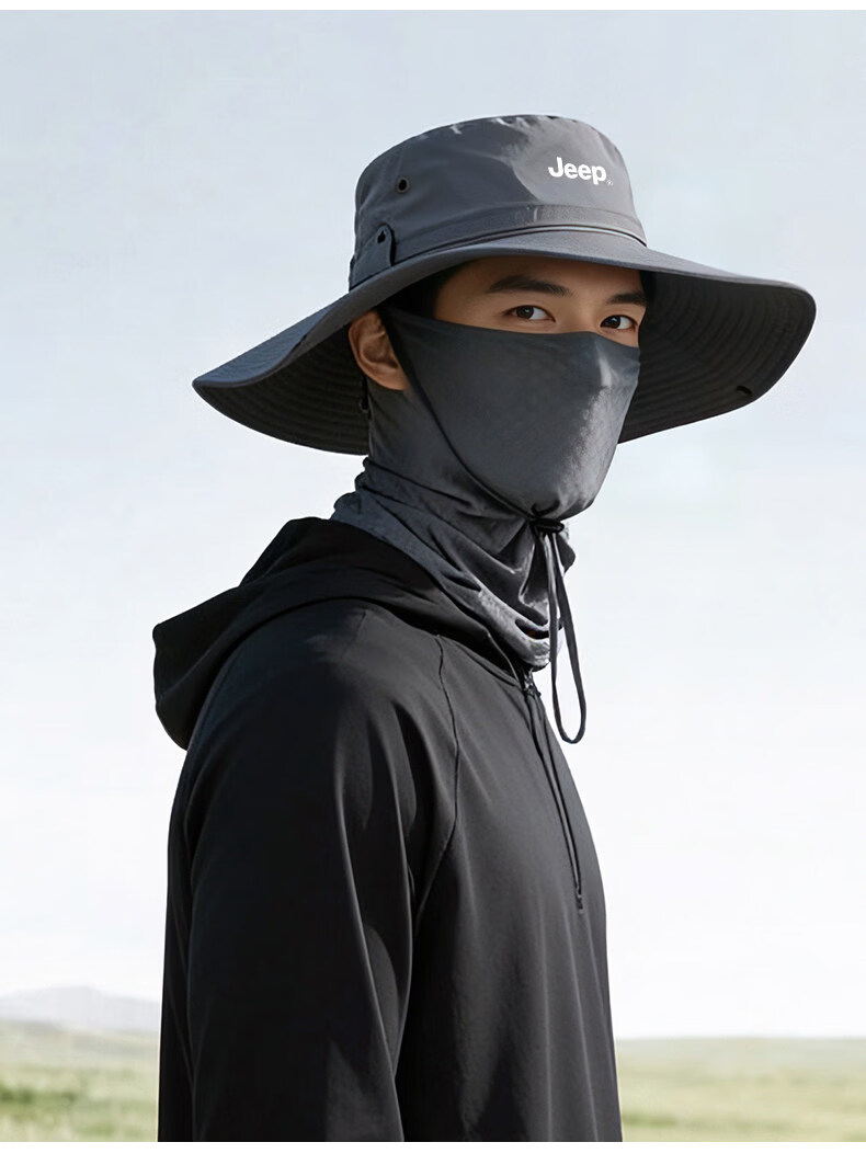 JEEP Men's Summer Sun Protection Fisherman Hat Large Head Circumference Breathable Neck Guard UV Protection Wide Brim Sun Hat 13