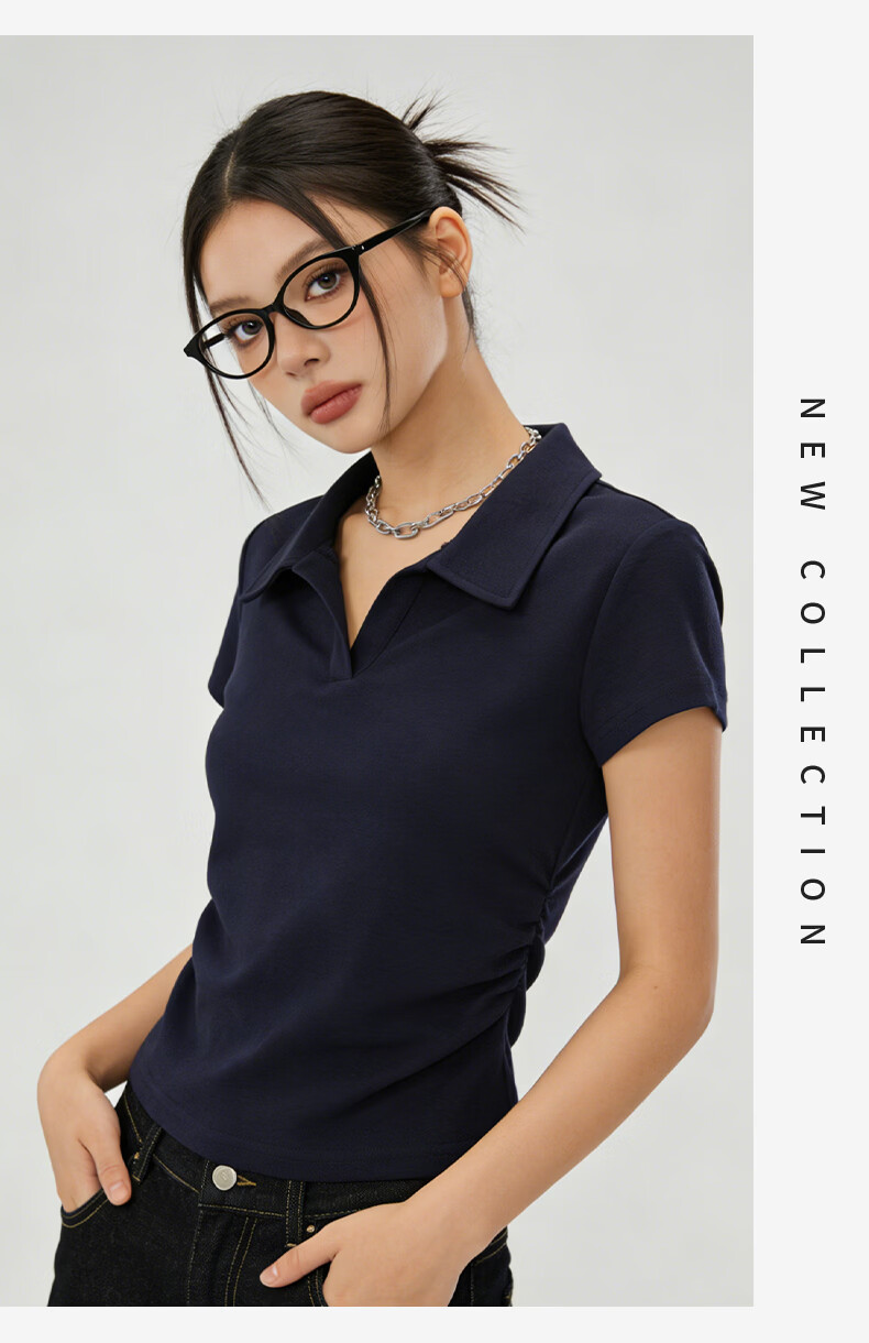 La Chapelle Women's Summer Korean Style Turn-Down Collar Short Sleeve T-Shirt with Side Pleats, Waist Slimming, Slim Fit, Versatile Short Top 18