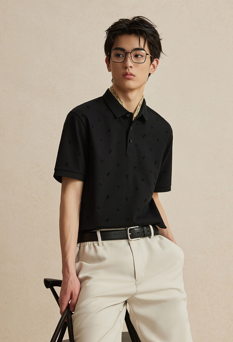 CABBEEN 205g Sweat-Absorbing Beads Polo Shirt Men Flocked Dark Pattern Logo Print 2026 Summer Breathable Short Sleeve Polo 2