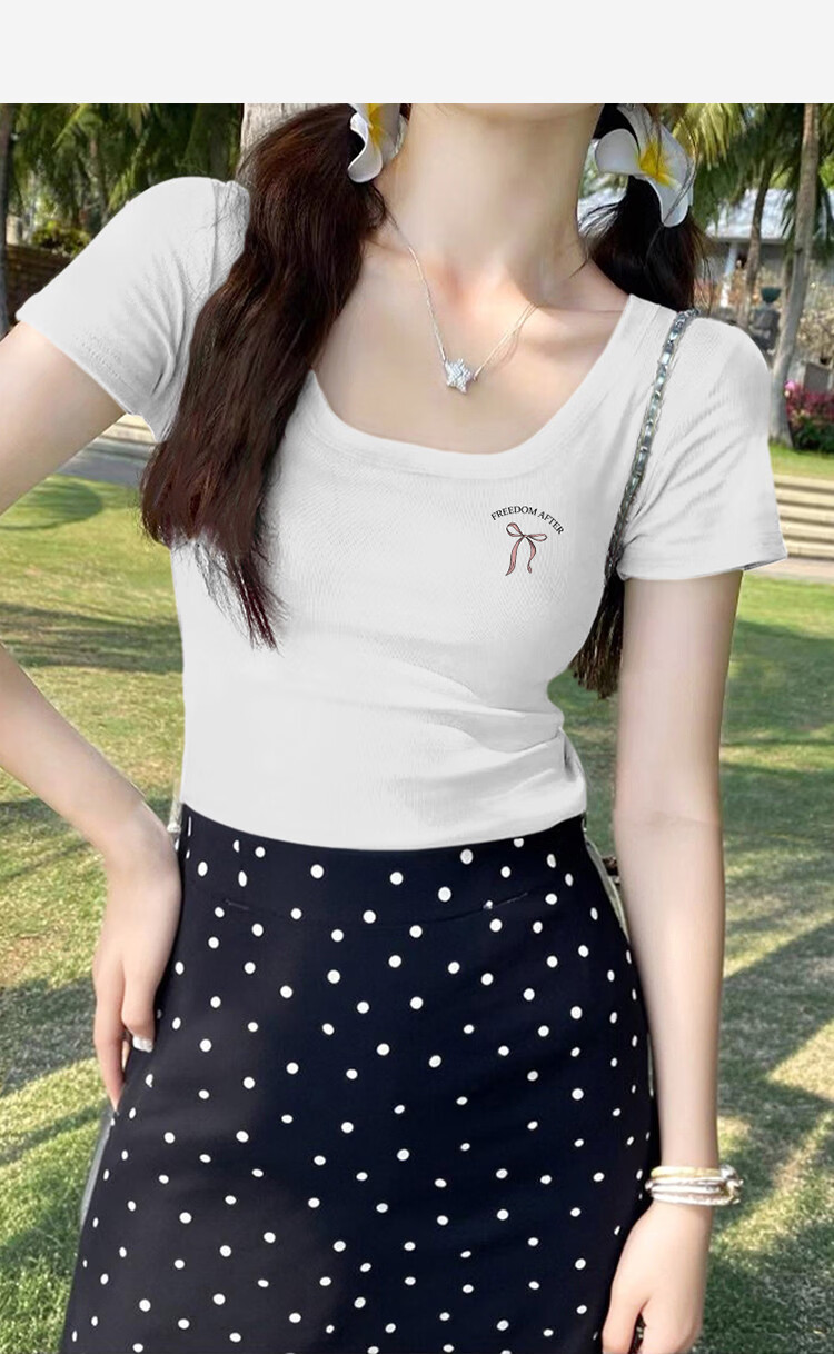 TonLion Tang Lion 2026 Spring Women's Square Neck Slim Fit Short Sleeve T-Shirt White XL 17
