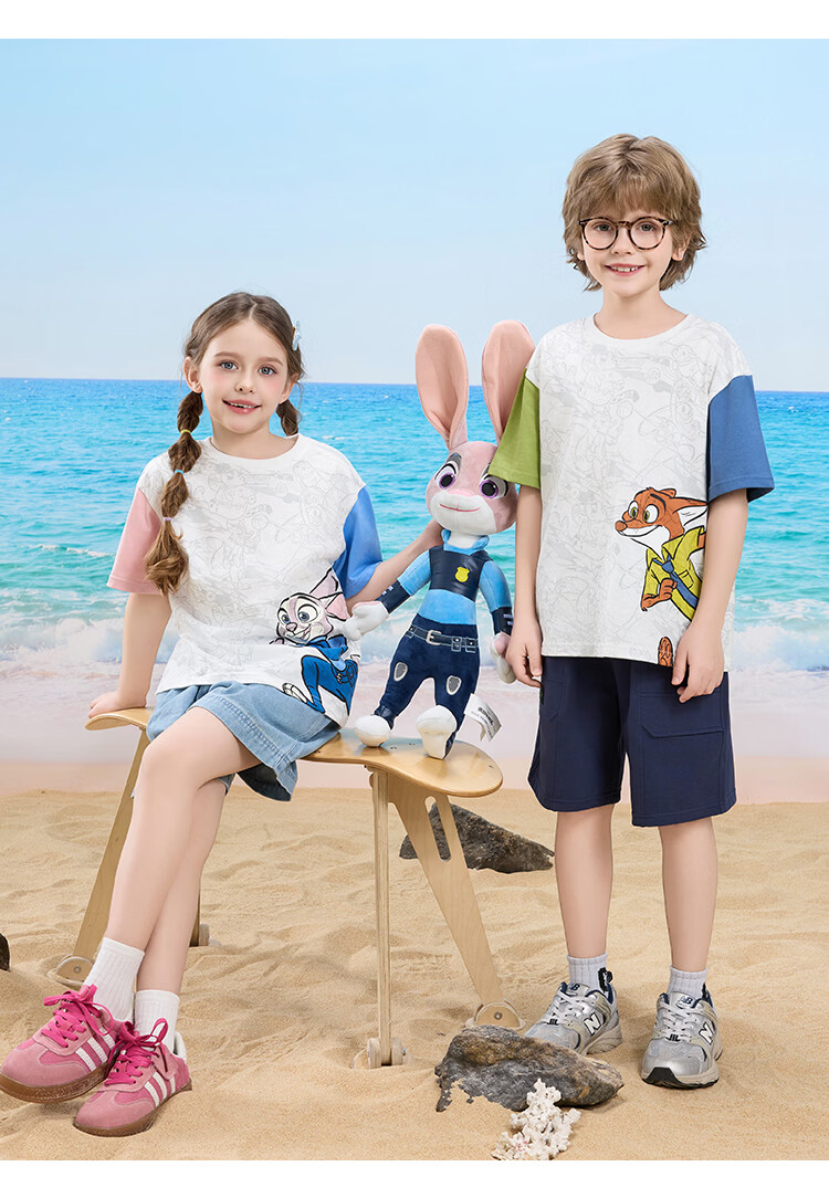 Disney Kids Boys and Girls Short Sleeve T-Shirt 2026 Summer New Parent-Child Matching Children's Basic Off-White Short Sleeve T-Shirt Size 110 44