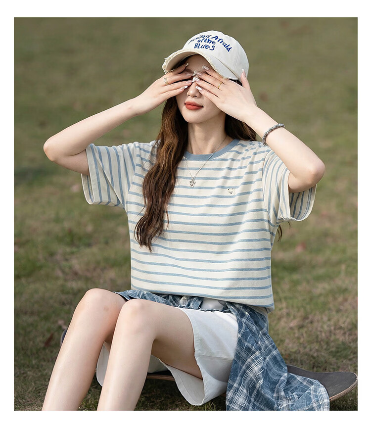 TonLion 2026 Summer New Women's Short Sleeve Striped T-Shirt Round Neck Casual Loose Relaxed Fit Top 3