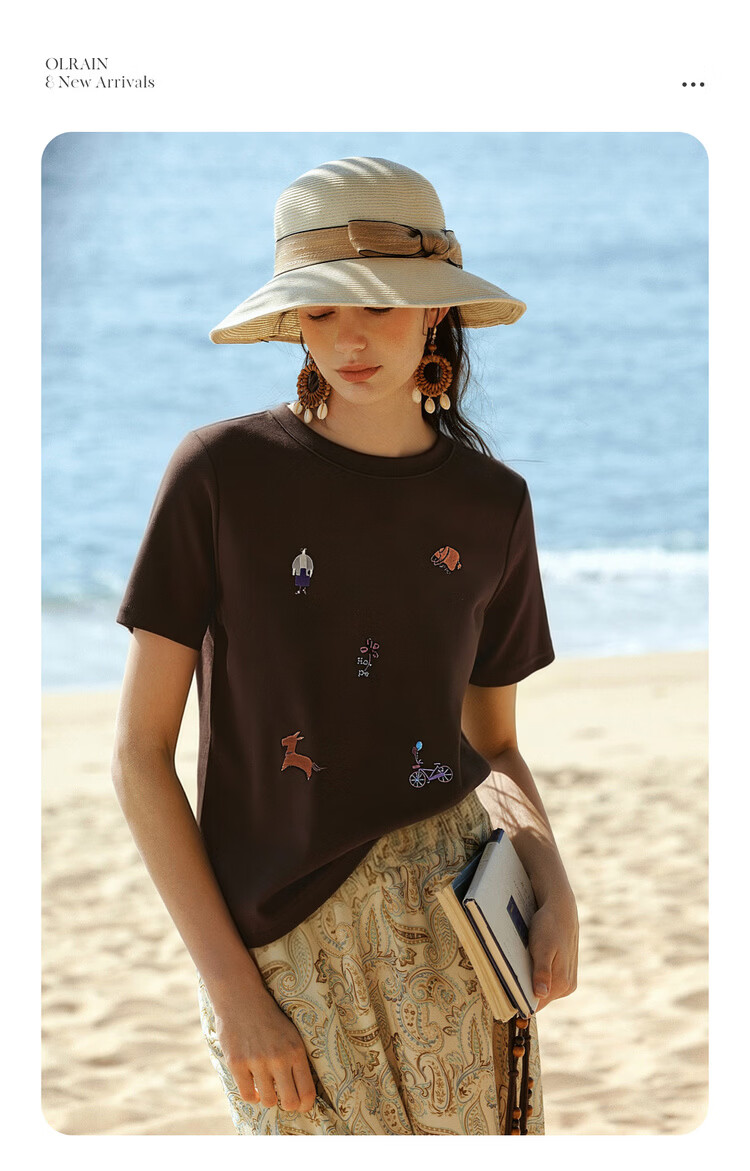 Olrain Classic Embroidered Crew Neck Short Sleeve T-Shirt Women Summer New Commuter Casual Top Brown XL 6