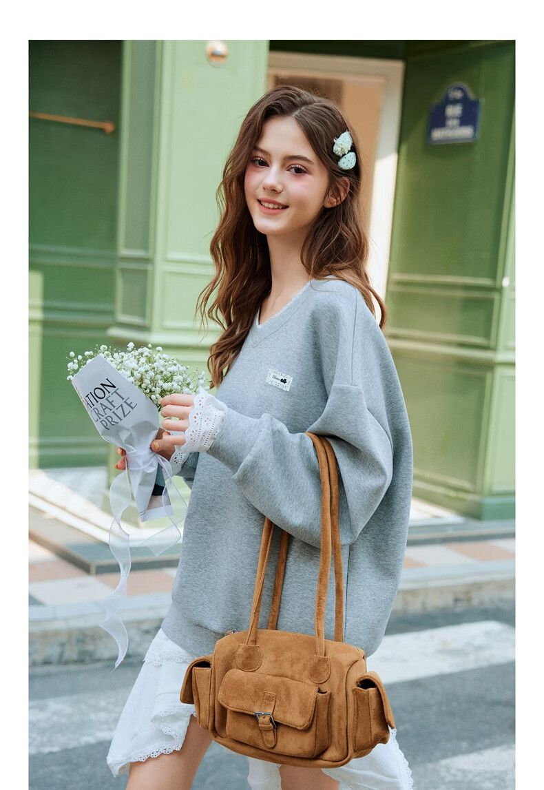 TonLion 2026 Spring Women's V-Neck Lace Sweatshirt Light Heather Gray L 9