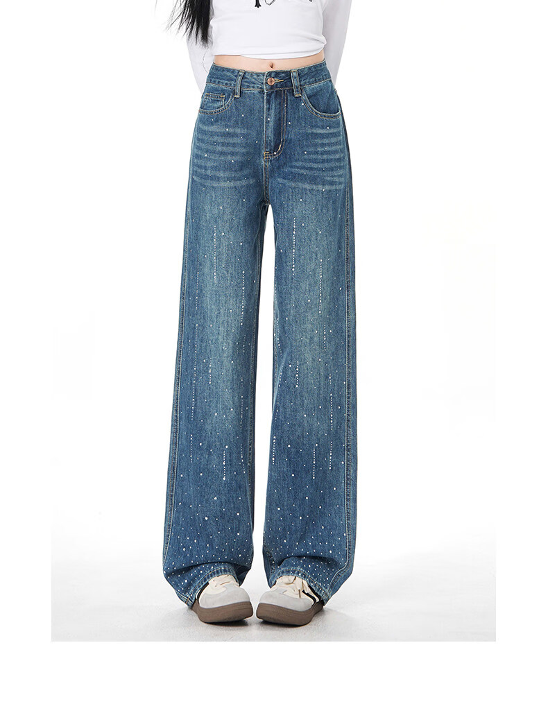 :CHOCOOLATE Women's Vintage American Style Rhinestone Washed Straight Leg Wide Leg Jeans Summer New Retro Blue XS 14