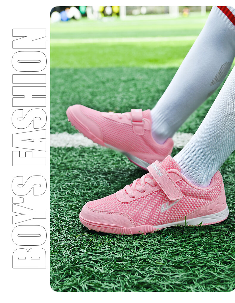 Warrior Kids Soccer Shoes TF Studs Breathable Mesh Slip-On Summer Boys Girls 463 Pink Size 35 25