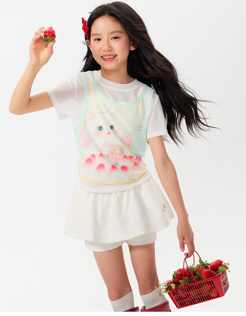 BARRY BANNY Girls' Short Sleeve T-Shirt Summer New Kids Round Neck Breathable Student Top 3037 Milk White Size 130 31