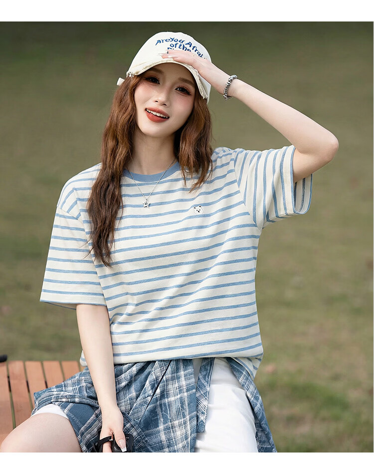 TonLion 2026 Summer New Women's Short Sleeve Striped T-Shirt Round Neck Casual Loose Relaxed Fit Top 4