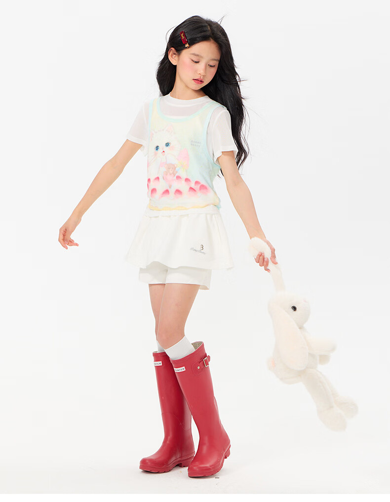 BARRY BANNY Girls' Short Sleeve T-Shirt Summer New Kids Round Neck Breathable Student Top 3037 Milk White Size 130 20