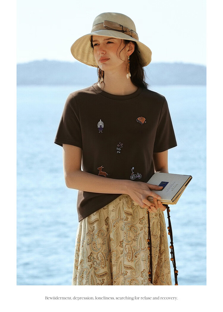 Olrain Classic Embroidered Crew Neck Short Sleeve T-Shirt Women Summer New Commuter Casual Top Brown XL 15