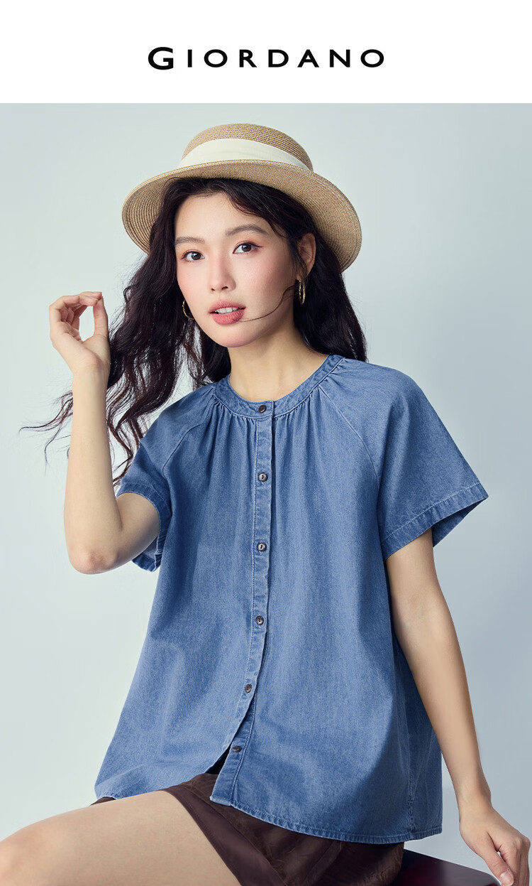 Giordano Summer New Lightweight Pure Cotton Loose Pleated Round Neck Raglan Short Sleeve Denim Shirt for Women 13346224 3