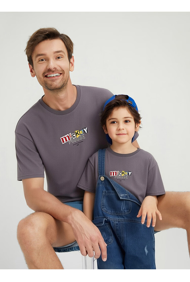 Disney Kids Boys and Girls Short Sleeve T-Shirt 2026 Summer New Parent-Child Matching Children's Basic Off-White Short Sleeve T-Shirt Size 110 25
