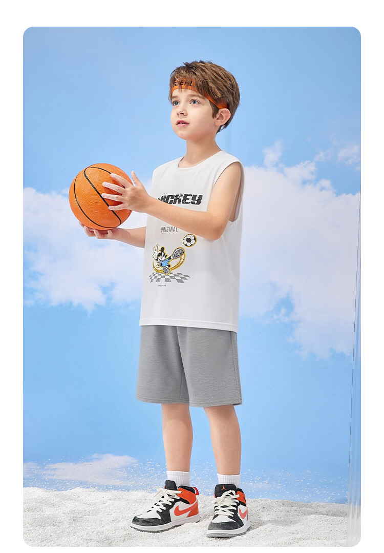 Disney Boys' Basketball Sports Set Summer Lightweight Sleeveless Vest and Shorts Two-Piece Set Medium Gray 140 10
