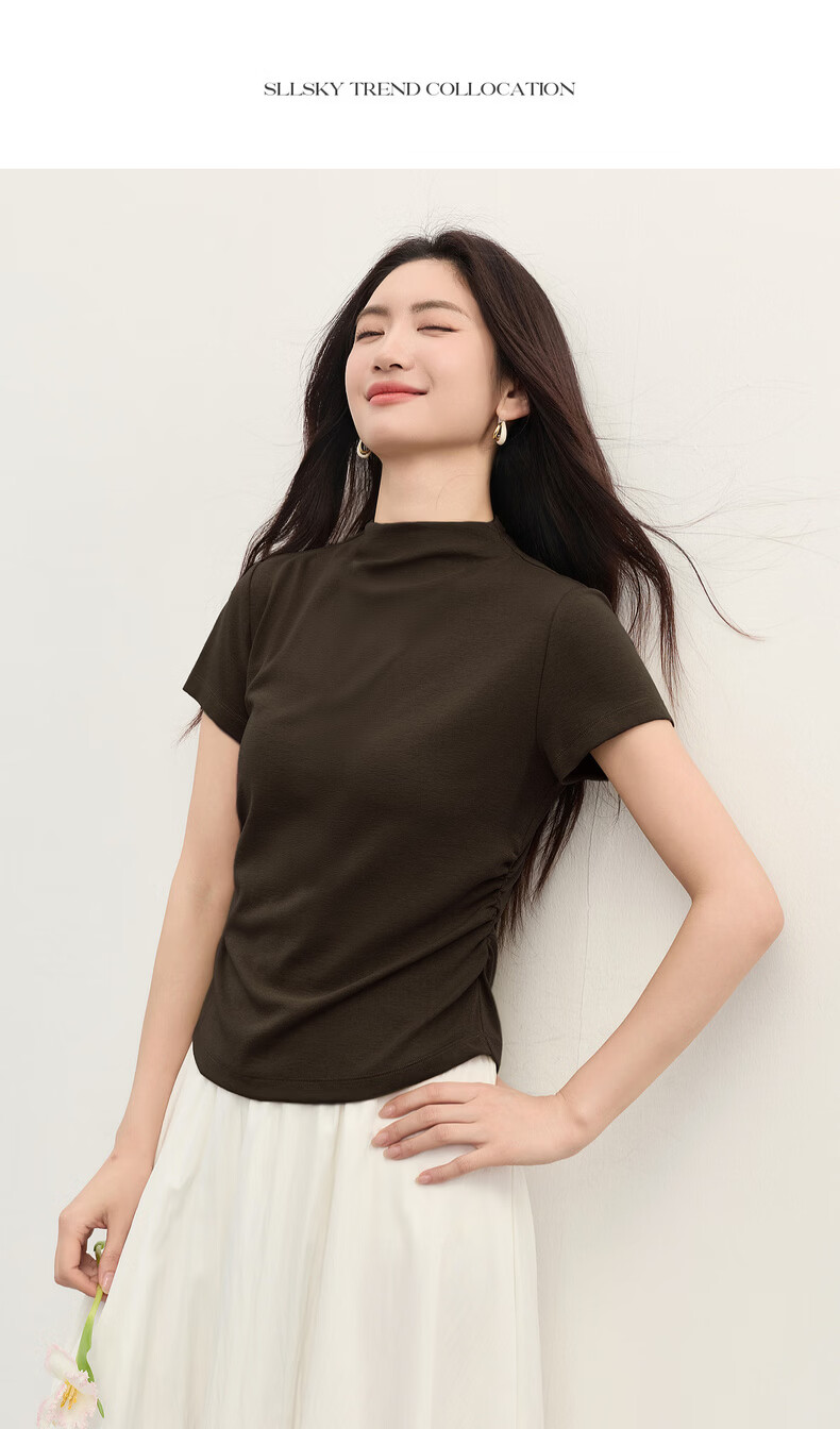 Sllsky Tencel Cotton Slim Fit T-Shirt Women Summer Waist Slimming Half High Neck Short Sleeve Top Midnight Black L 13