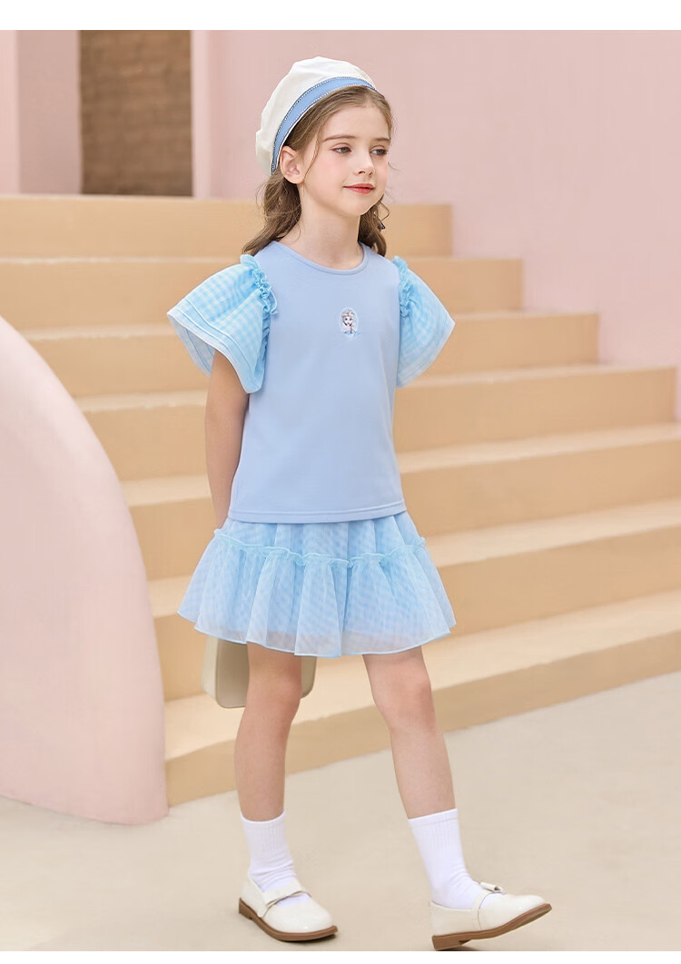 Disney Princess Style Girls Summer Set Fresh Ruffle Short Sleeve + Tulle Cake Skirt Ice Snow Blue 130 11