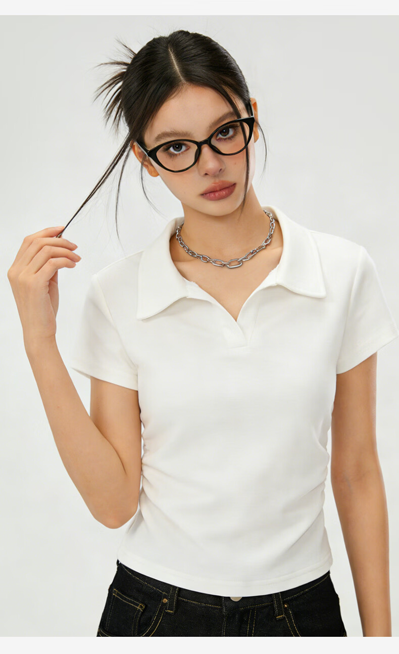 La Chapelle Women's Summer Korean Style Turn-Down Collar Short Sleeve T-Shirt with Side Pleats, Waist Slimming, Slim Fit, Versatile Short Top 21