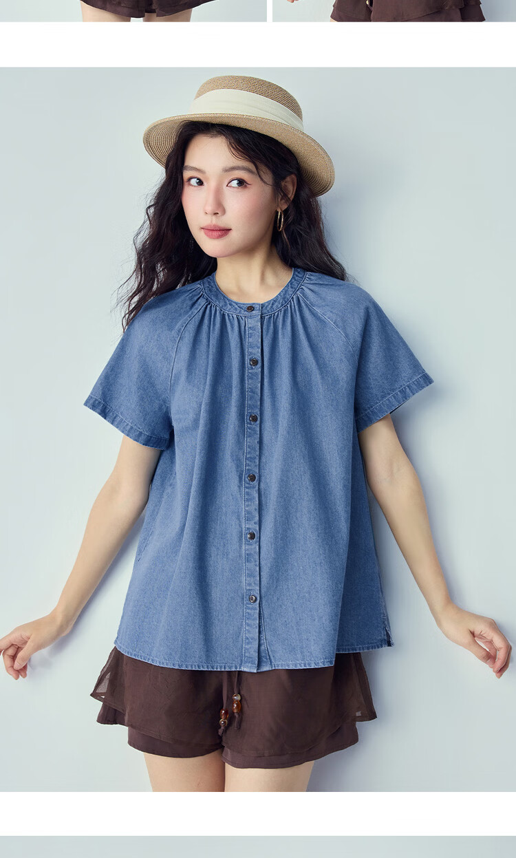 Giordano Summer New Lightweight Pure Cotton Loose Pleated Round Neck Raglan Short Sleeve Denim Shirt for Women 13346224 10