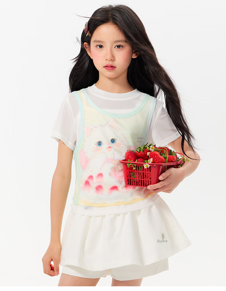 BARRY BANNY Girls' Short Sleeve T-Shirt Summer New Kids Round Neck Breathable Student Top 3037 Milk White Size 130 24