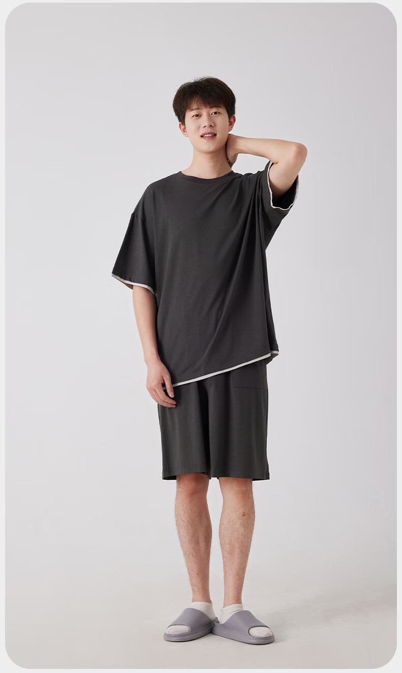 Grace Men's Modal Short Sleeve and Shorts Summer Pullover Loungewear Set High Elasticity Cool Comfortable Loose Fit Suitable for Outdoor Wear 4