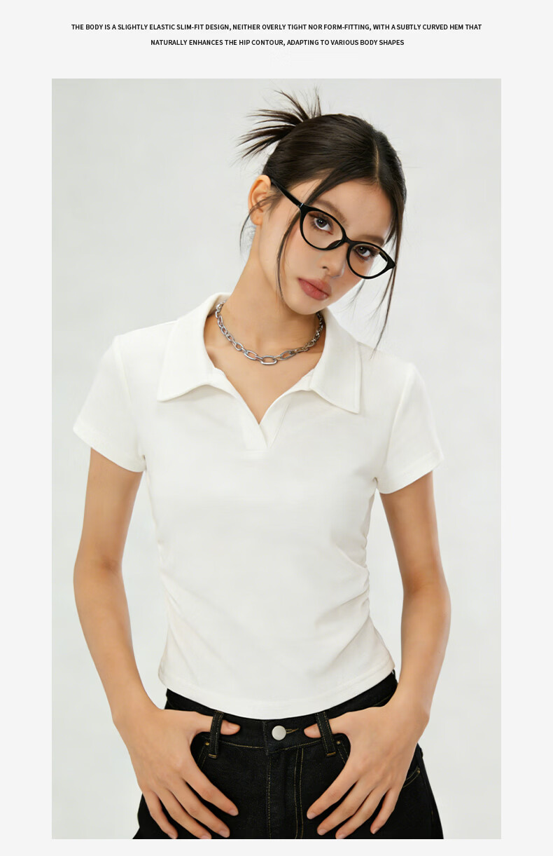 La Chapelle Women's Summer Korean Style Turn-Down Collar Short Sleeve T-Shirt with Side Pleats, Waist Slimming, Slim Fit, Versatile Short Top 20