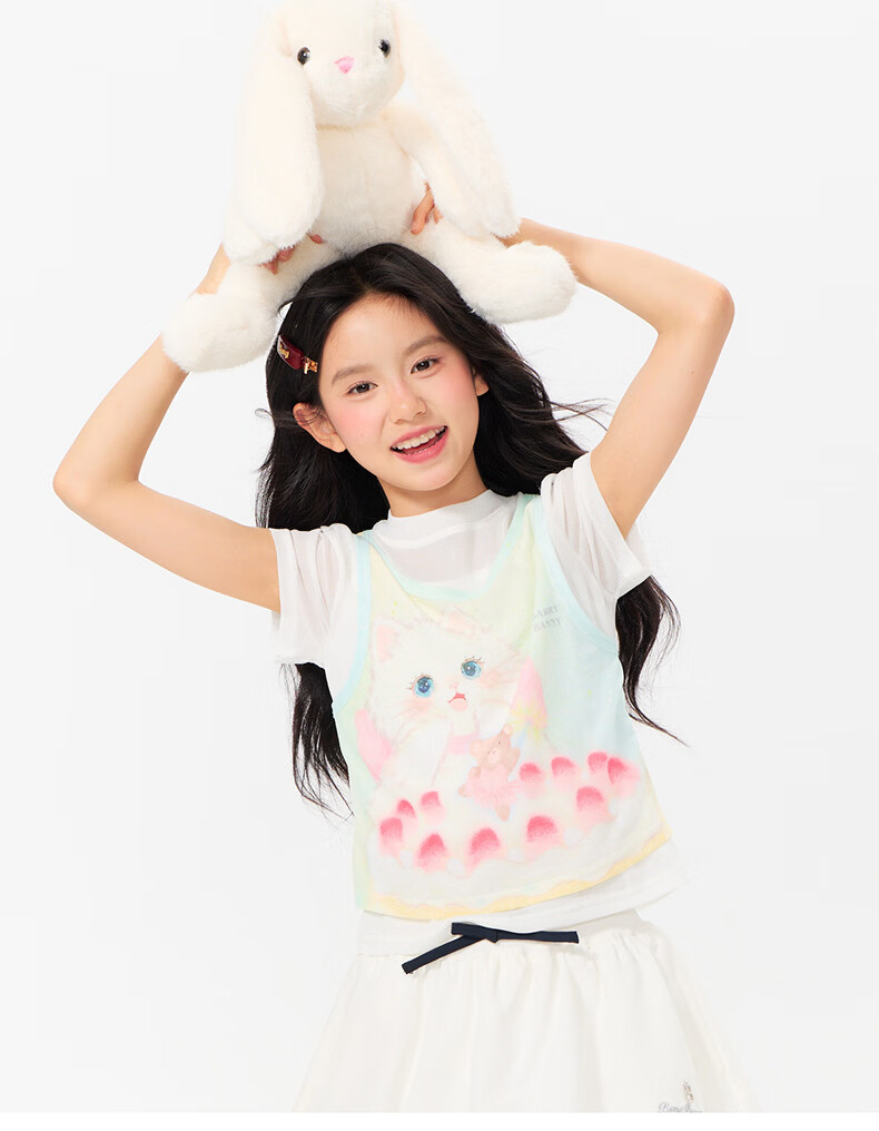 BARRY BANNY Girls' Short Sleeve T-Shirt Summer New Kids Round Neck Breathable Student Top 3037 Milk White Size 130 19