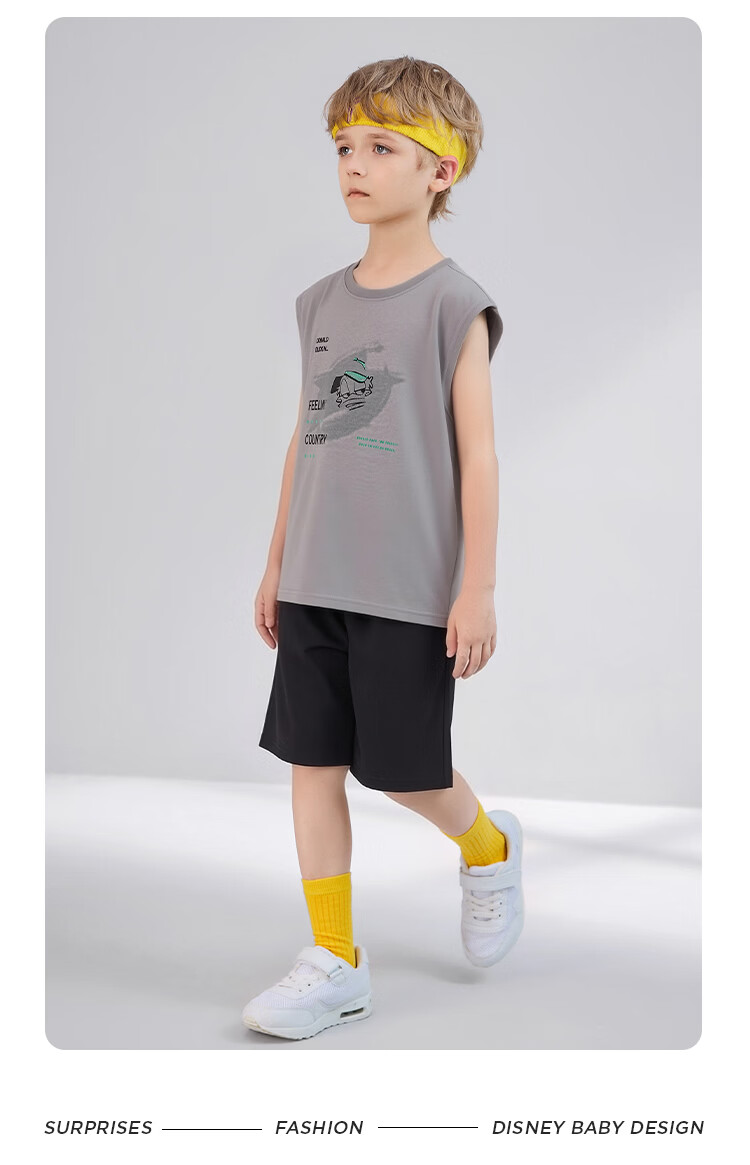 Disney Boys' Basketball Sports Set Summer Lightweight Sleeveless Vest and Shorts Two-Piece Set Medium Gray 140 13