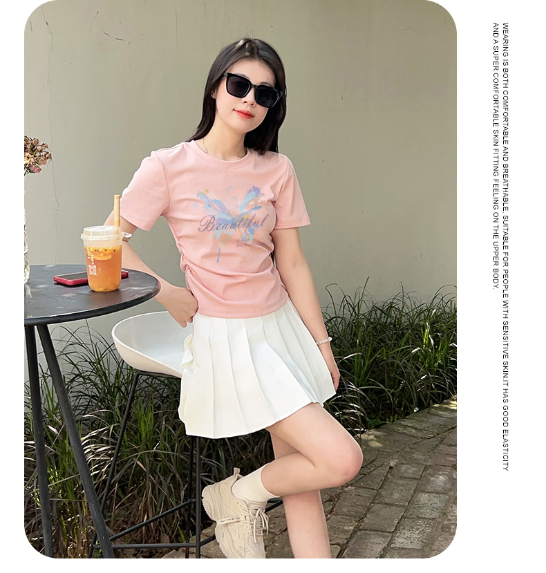 La Chapelle Beige Short Sleeve T-Shirt Women 2026 New Summer Slim Fit Wrinkle Design Cropped Top Tee 12