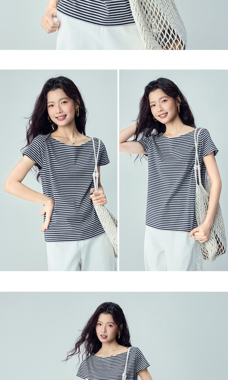 Giordano Women's Striped T-Shirt 2026 Summer New Pure Cotton Off-Shoulder Knit Short Sleeve Top 13326235 11