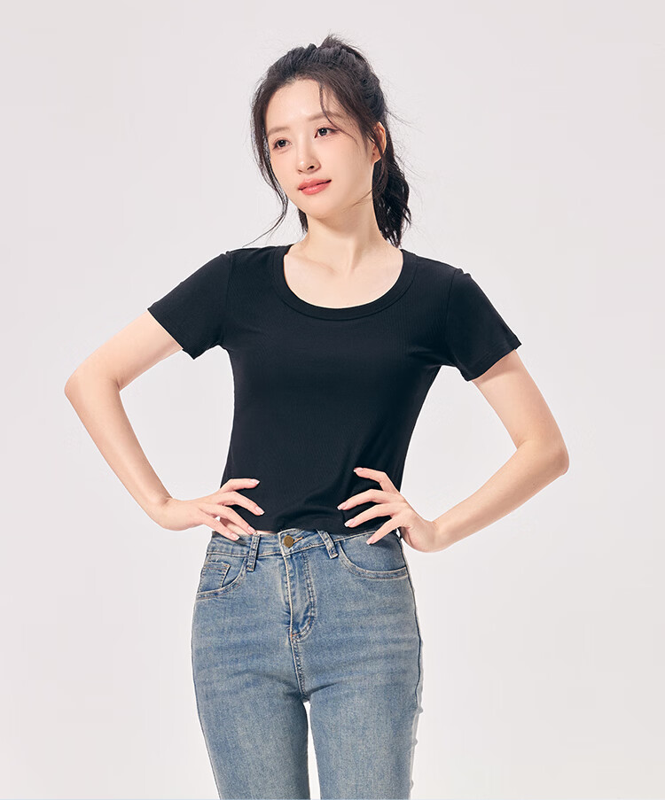 Hodo 10A Antibacterial Modal Short Sleeve T-Shirt for Women, Round Neck, Versatile Waist-Slimming Short Fit Base Tee 15
